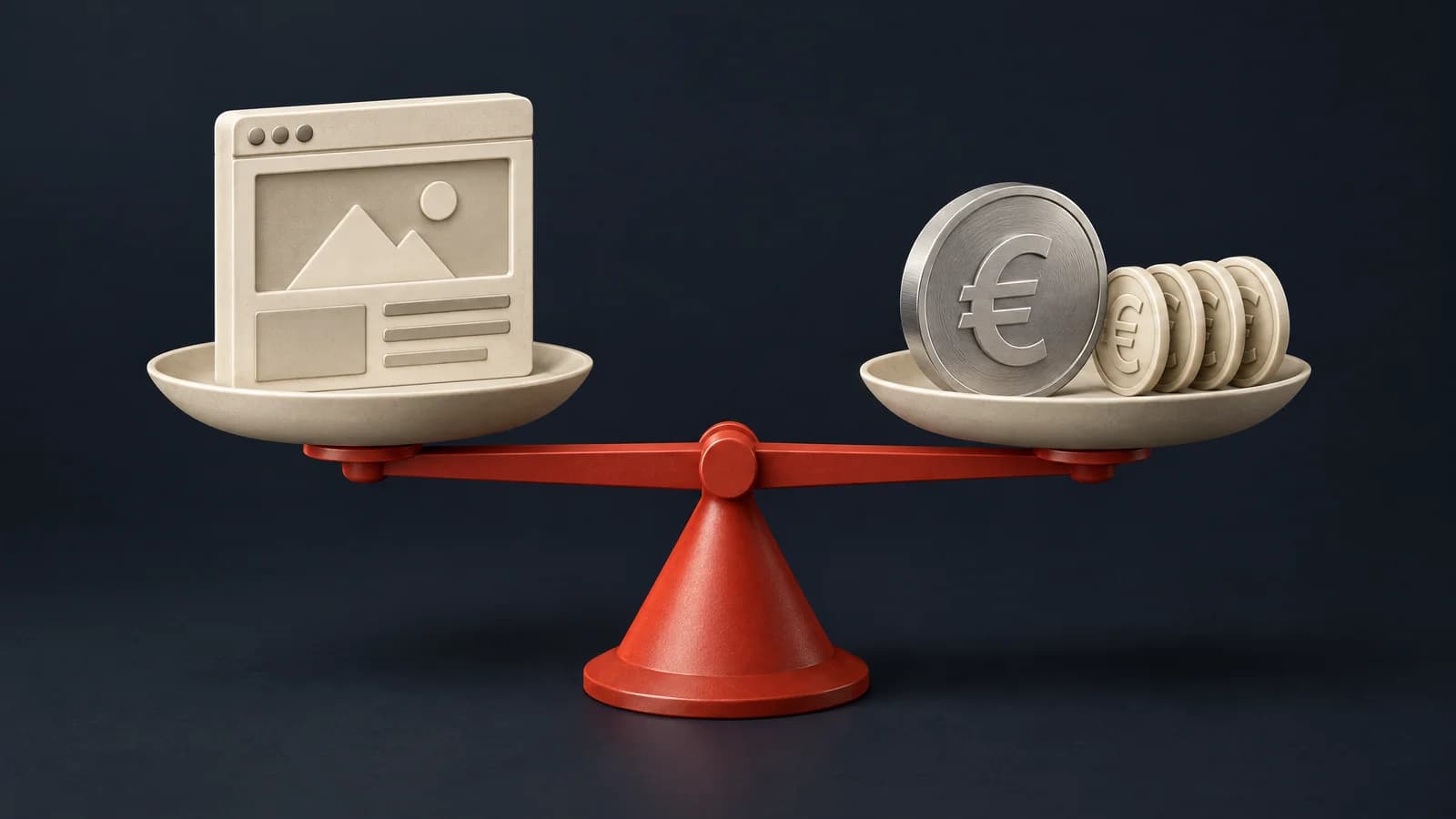 Rote 3D-Waage mit einer hellen Website-Skulptur auf der einen und einer großen sowie mehreren kleinen Euro-Münzen auf der anderen Schale.