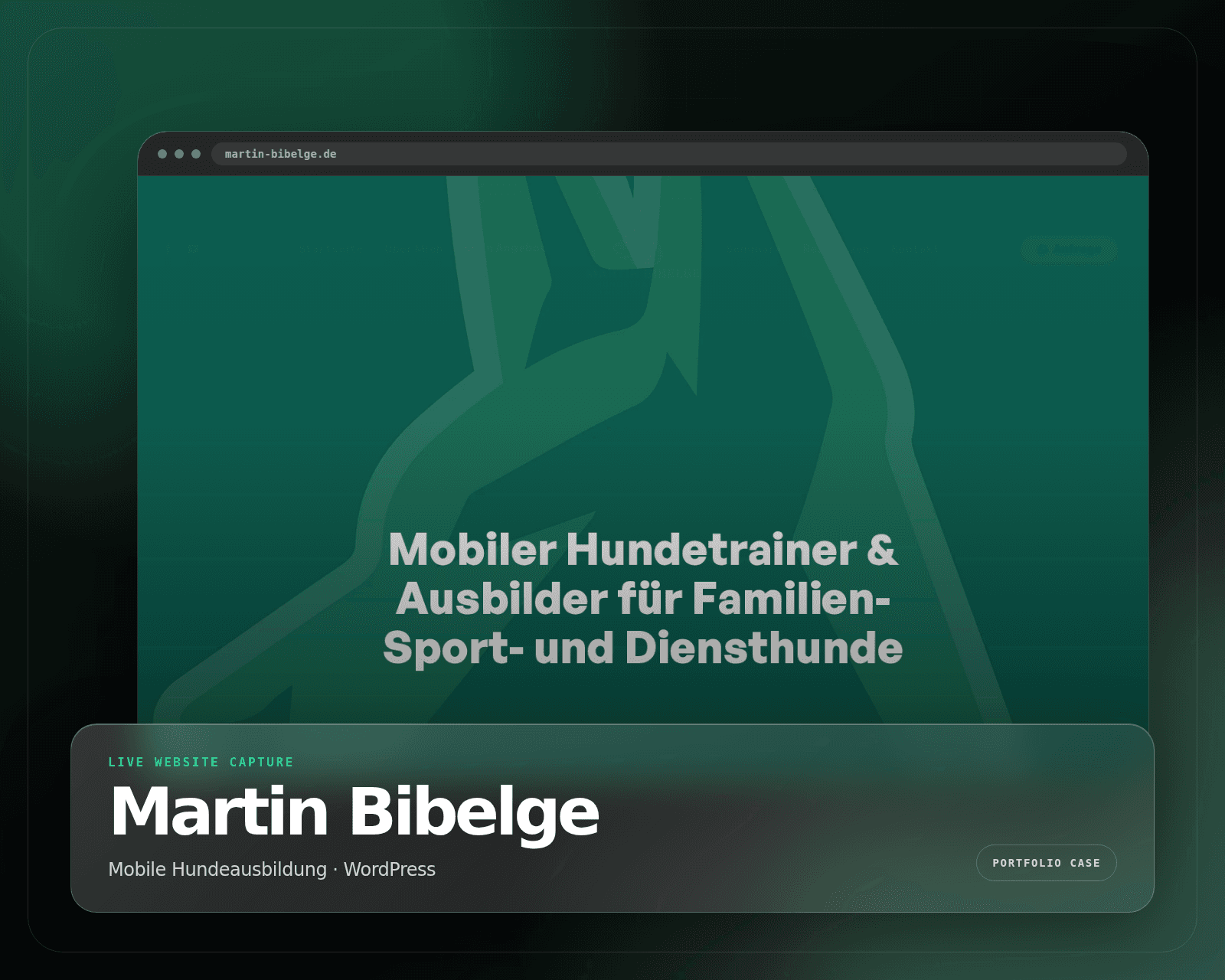 Modernes Portfolio-Cover mit echten Ausschnitten der Martin-Bibelge-Homepage, Hundetrainings-Inhalten und Kontaktsektionen.
