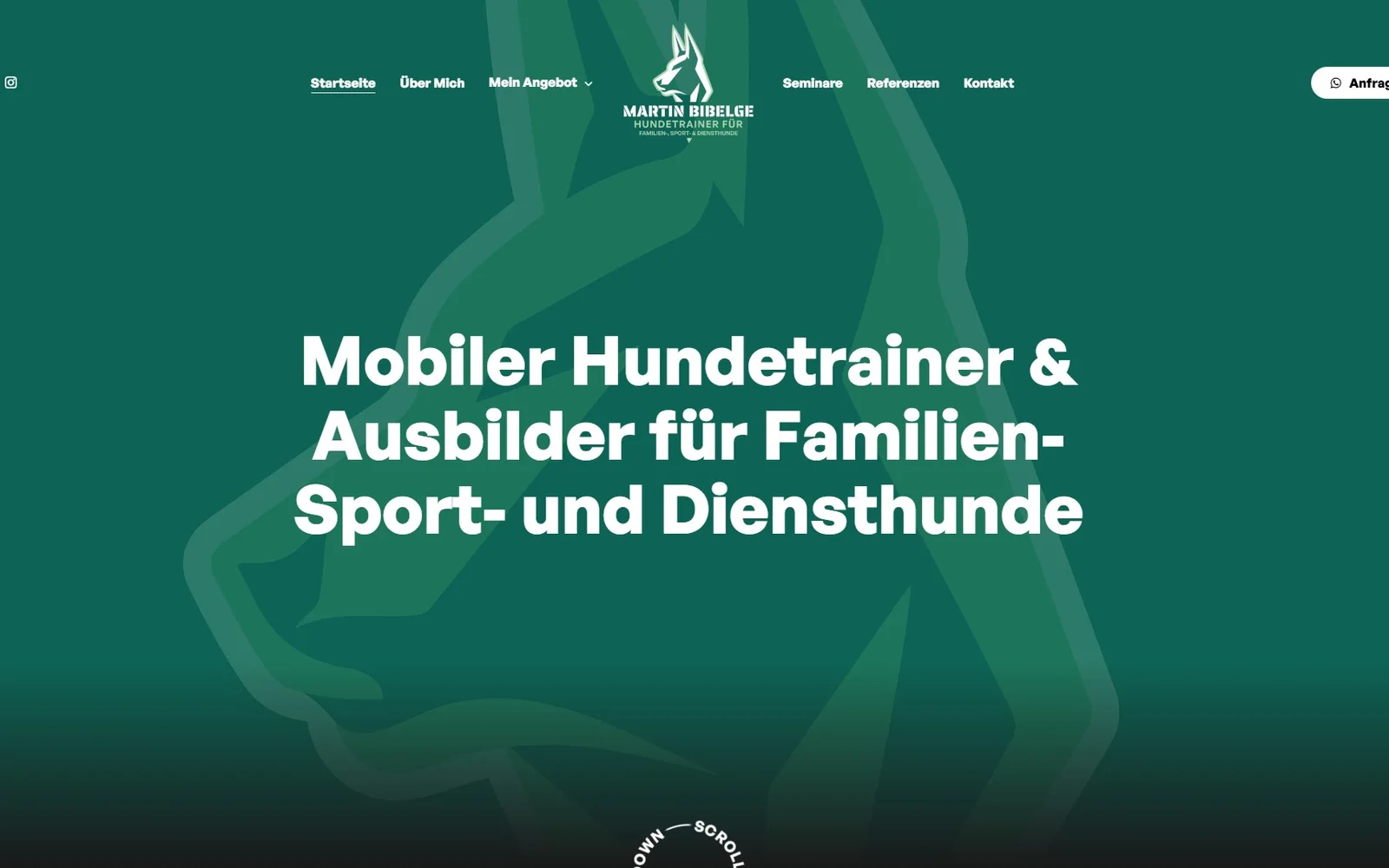 Startseite von Martin Bibelge: eine waldgrüne Fläche mit Hundekopf-Signet und der Zeile Mobiler Hundetrainer und Ausbilder für Familien-, Sport- und Diensthunde.