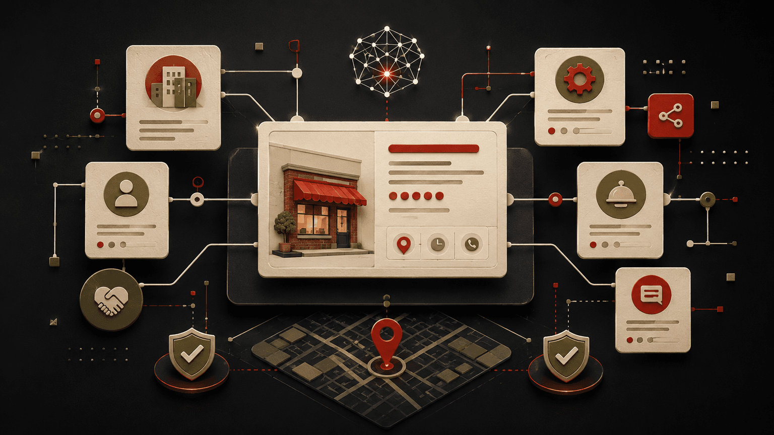 Abstrakter Knowledge Graph mit Unternehmensdaten, Services und FAQ für Schema.org.